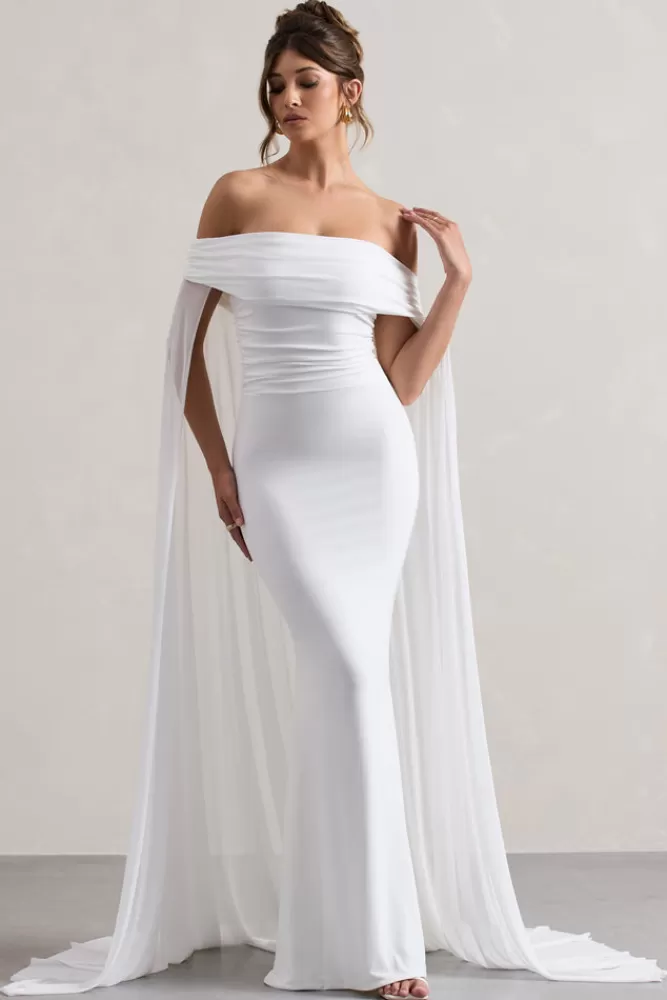 Club L London Carlotta | Bardot Maxi Dress With Chiffon Cape WHITE Sale