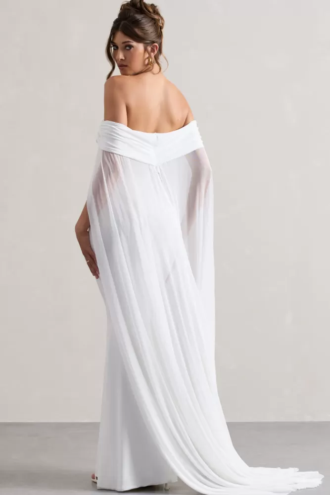 Club L London Carlotta | Bardot Maxi Dress With Chiffon Cape WHITE Sale