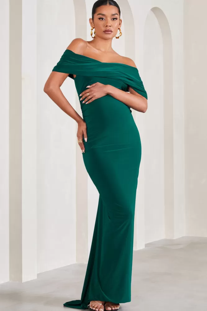 Club L London Carmen | Bottle Green Bardot Maternity Maxi Dress BOTTLEGREEN Best