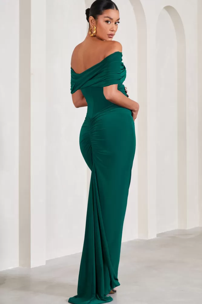 Club L London Carmen | Bottle Green Bardot Maternity Maxi Dress BOTTLEGREEN Best