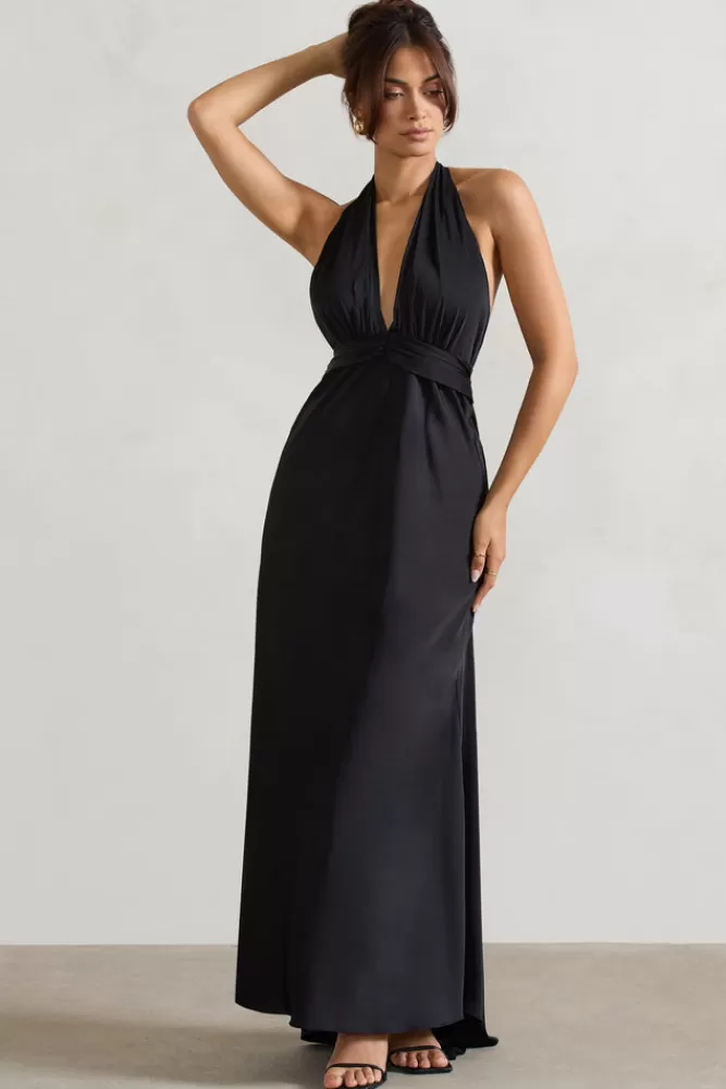 Club L London Carolyn | Satin Plunge Maxi Dress With Dipped Hem BLACK Clearance