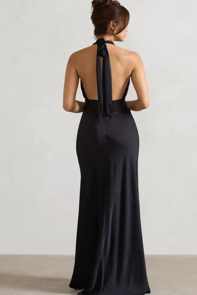 Club L London Carolyn | Satin Plunge Maxi Dress With Dipped Hem BLACK Clearance