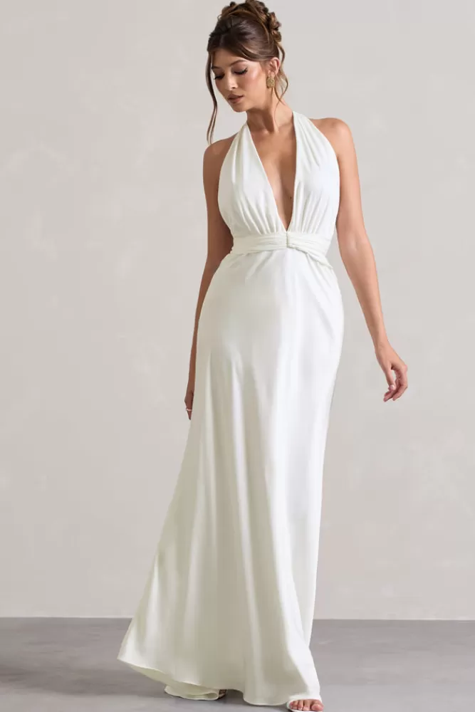 Club L London Carolyn | Satin Plunge Maxi Dress With Dipped Hem IVORY Online