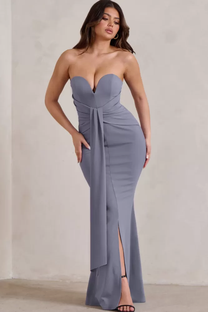 Club L London Carrie | Grey Sweetheart Neckline Maxi Dress With Statement Tie DOVEGREY New