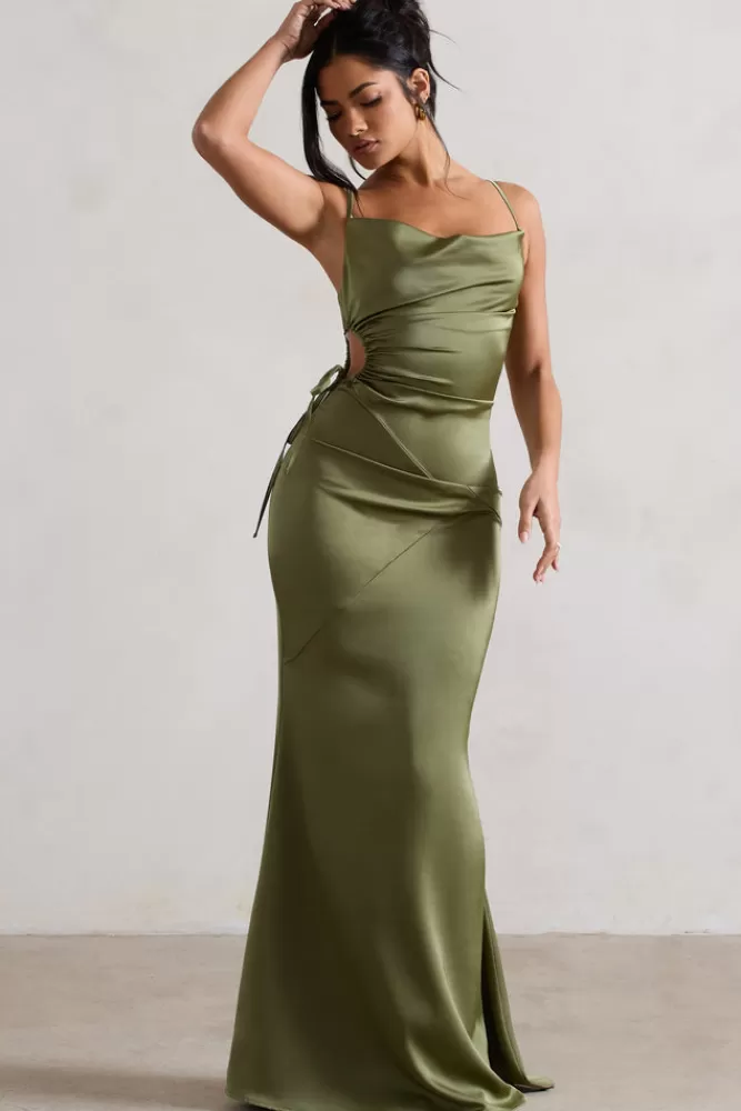 Club L London Carter | Green Satin Cowl-Neck Maxi Dress With Cut-Out OLIVE Clearance