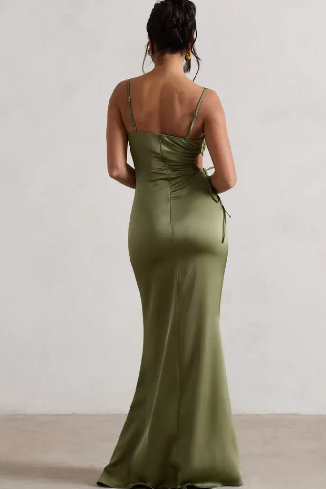 Club L London Carter | Green Satin Cowl-Neck Maxi Dress With Cut-Out OLIVE Clearance