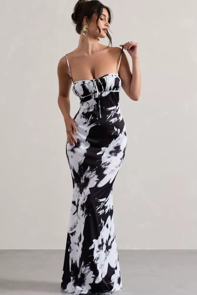 Club L London Casablanca | Monochrome Floral Print Satin Sweetheart Maxi Dress MONOFLORAL Discount