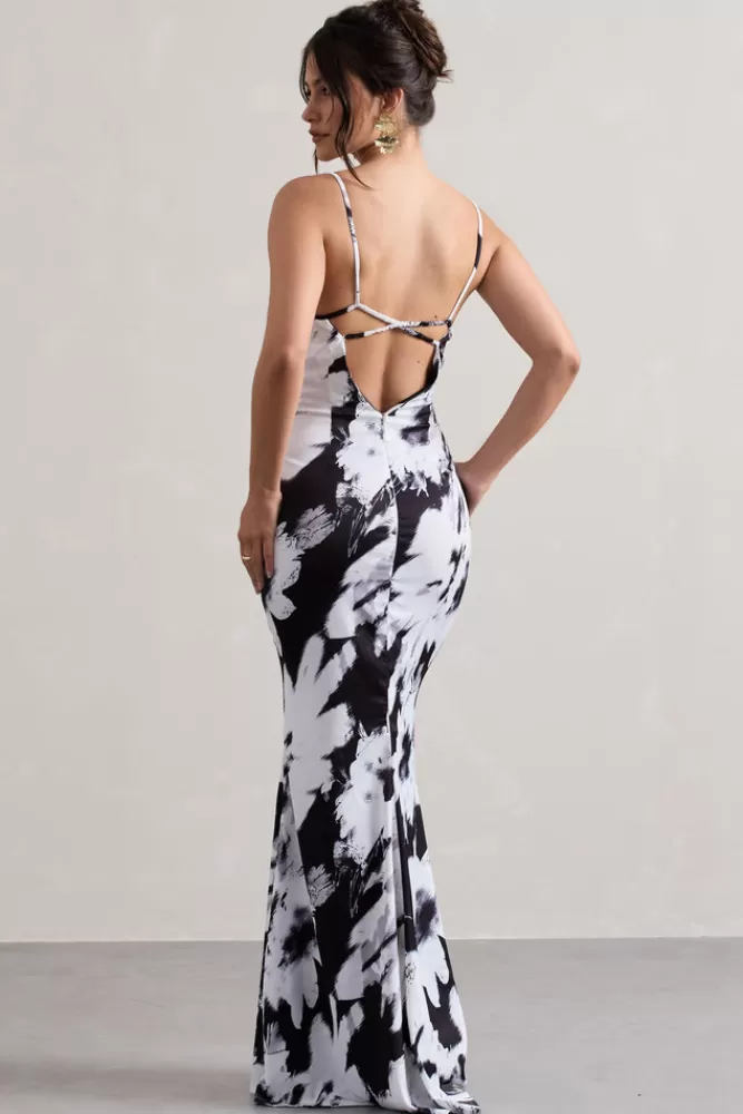 Club L London Casablanca | Monochrome Floral Print Satin Sweetheart Maxi Dress MONOFLORAL Discount