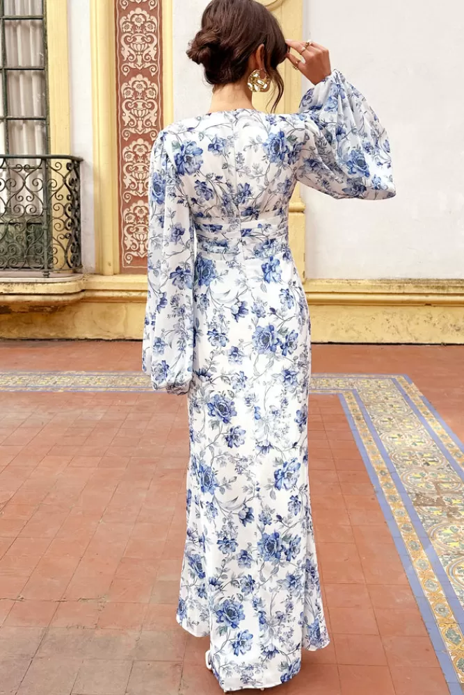 Club L London Casarile | Blue Floral Print V-Neck Balloon Sleeve Maxi Dress NAVYFLORALPRINT Best