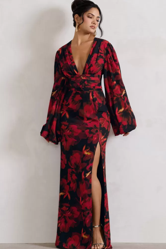 Club L London Casarile | Red Floral Print V-Neck Balloon Sleeve Maxi Dress FIREFLORAL New