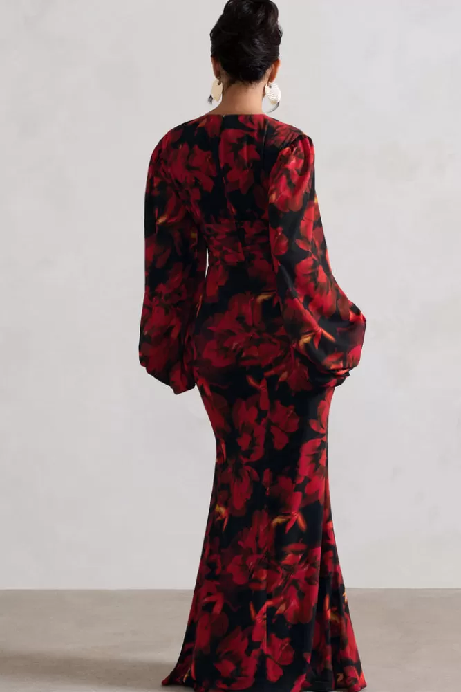 Club L London Casarile | Red Floral Print V-Neck Balloon Sleeve Maxi Dress FIREFLORAL New