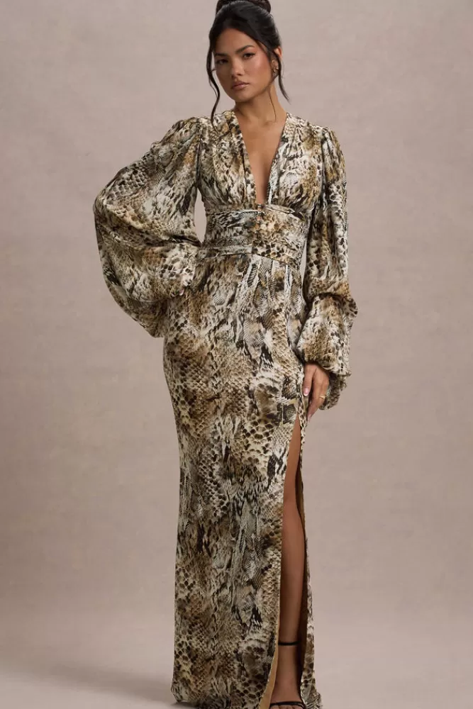 Club L London Casarile | Snake Print V-Neck Balloon Sleeve Maxi Dress snakeprint Outlet