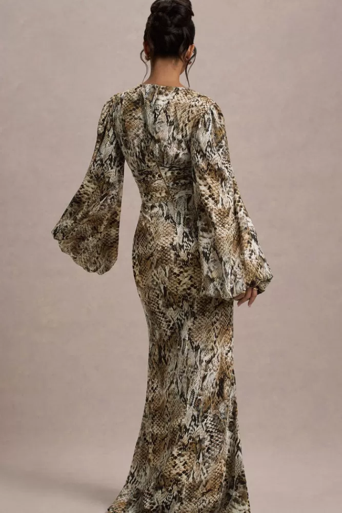 Club L London Casarile | Snake Print V-Neck Balloon Sleeve Maxi Dress snakeprint Outlet