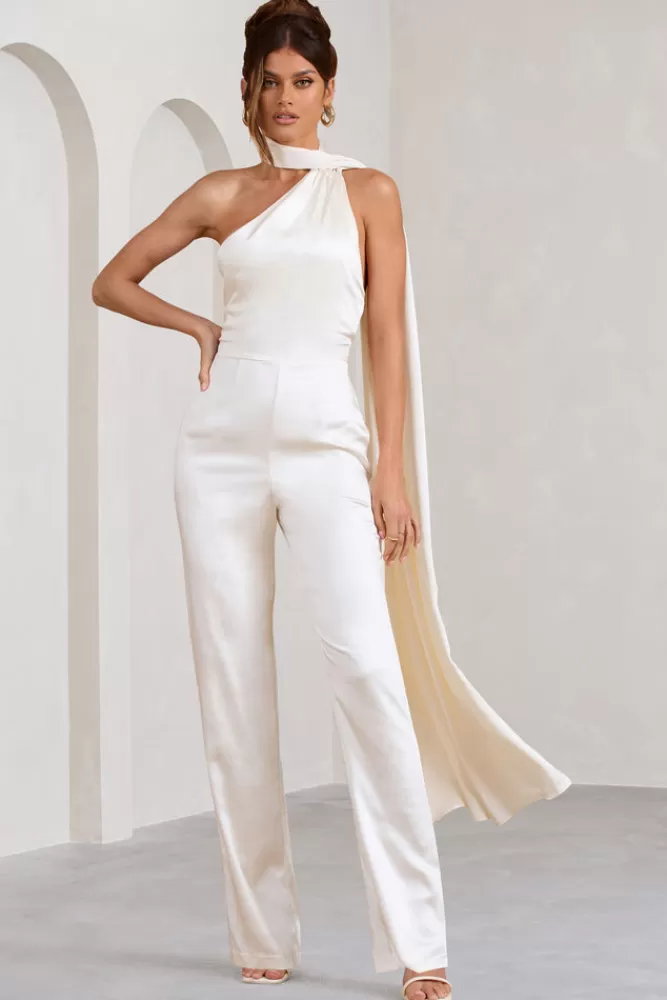 Club L London Cascada | Satin Halter Jumpsuit With Draped Scarf CREAM Online