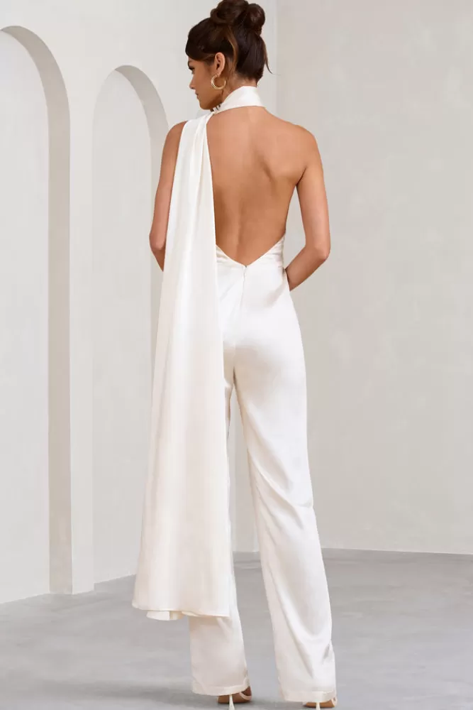 Club L London Cascada | Satin Halter Jumpsuit With Draped Scarf CREAM Online