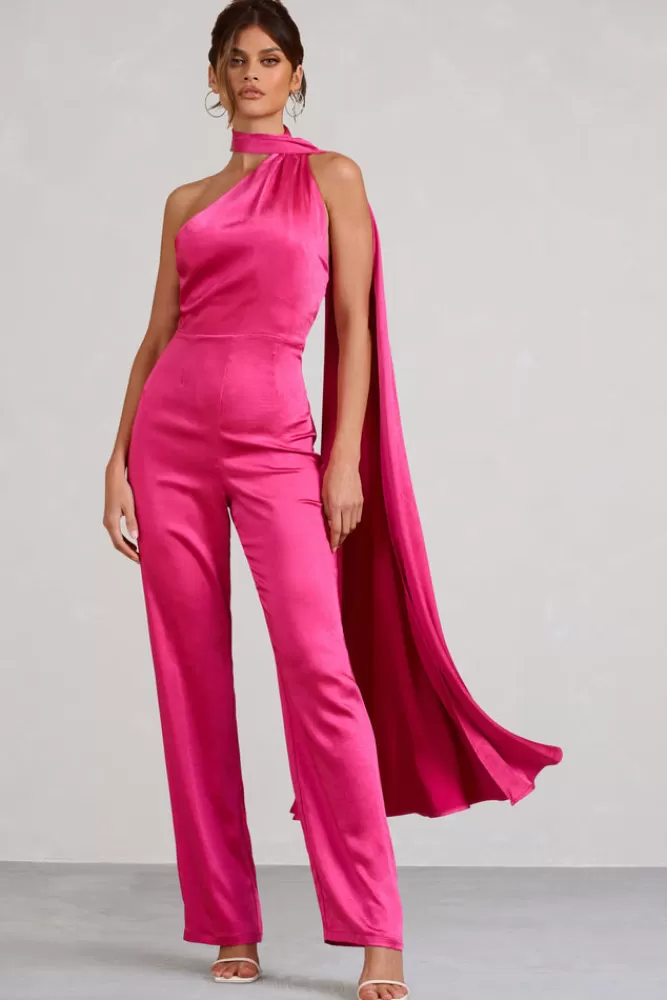 Club L London Cascada | Hot Pink Satin Wide Leg Jumpsuit With Statement Scarf Neck HOTPINK Hot