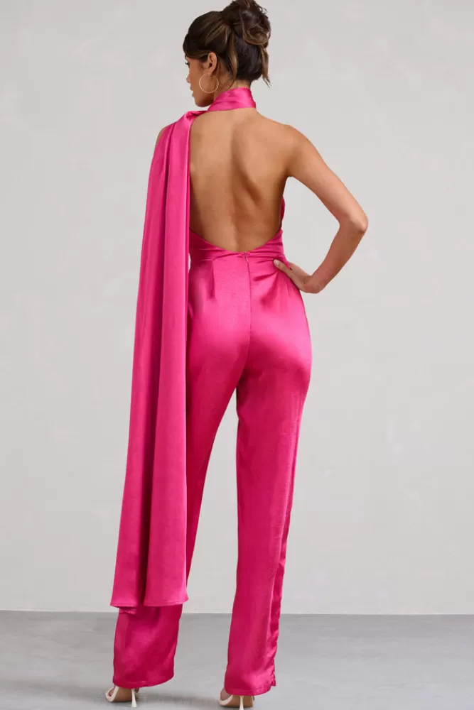Club L London Cascada | Hot Pink Satin Wide Leg Jumpsuit With Statement Scarf Neck HOTPINK Hot
