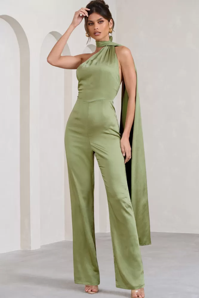 Club L London Cascada | Green Satin Wide Leg Jumpsuit With Statement Scarf Neck OLIVE Best Sale