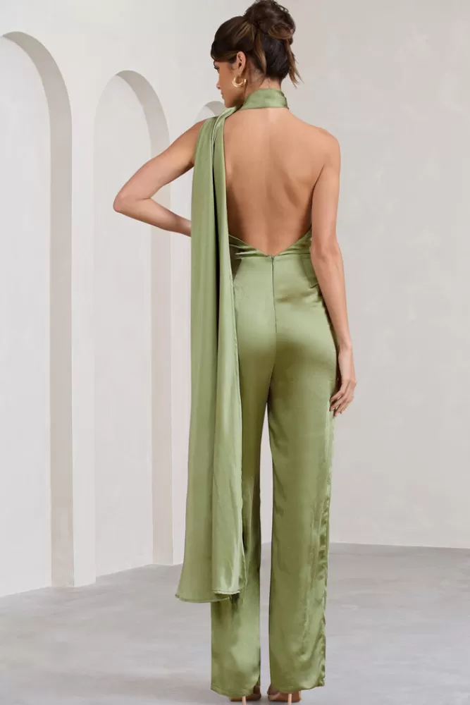 Club L London Cascada | Green Satin Wide Leg Jumpsuit With Statement Scarf Neck OLIVE Best Sale