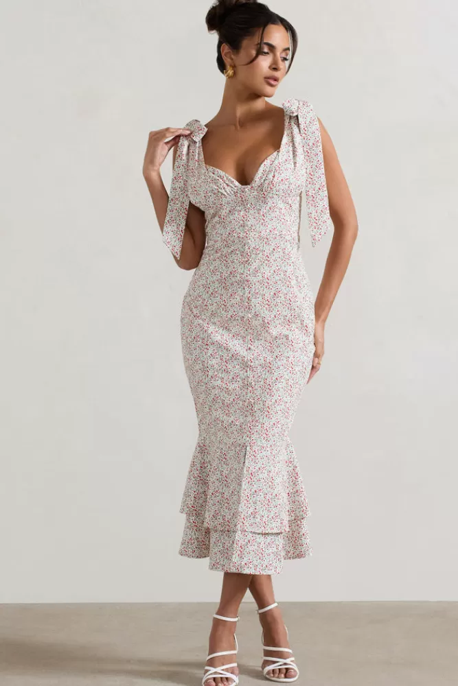 Club L London Caserta | White u0026 Red Floral Buttoned Midi Dress With Flared Hem REDWHITEDITSY Store