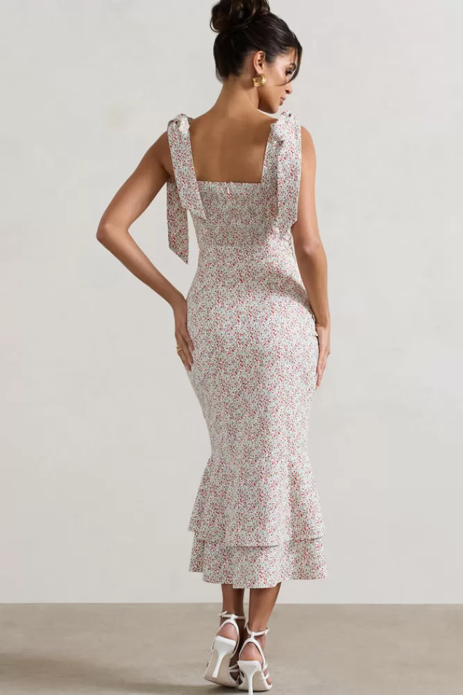Club L London Caserta | White u0026 Red Floral Buttoned Midi Dress With Flared Hem REDWHITEDITSY Store