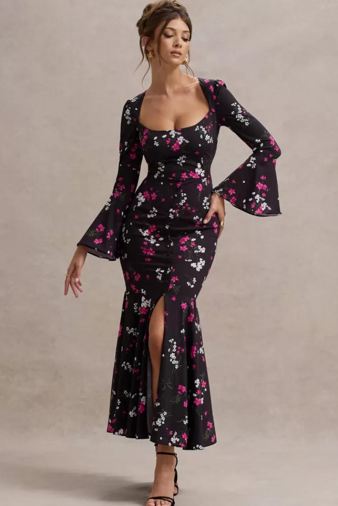 Club L London Catalonia | Black Ditsy Floral Print Chiffon Long-Sleeve Split Maxi Dress FLORALPRINT Shop