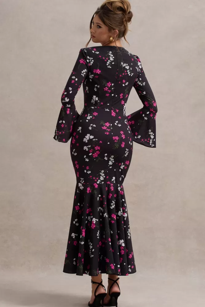 Club L London Catalonia | Black Ditsy Floral Print Chiffon Long-Sleeve Split Maxi Dress FLORALPRINT Shop