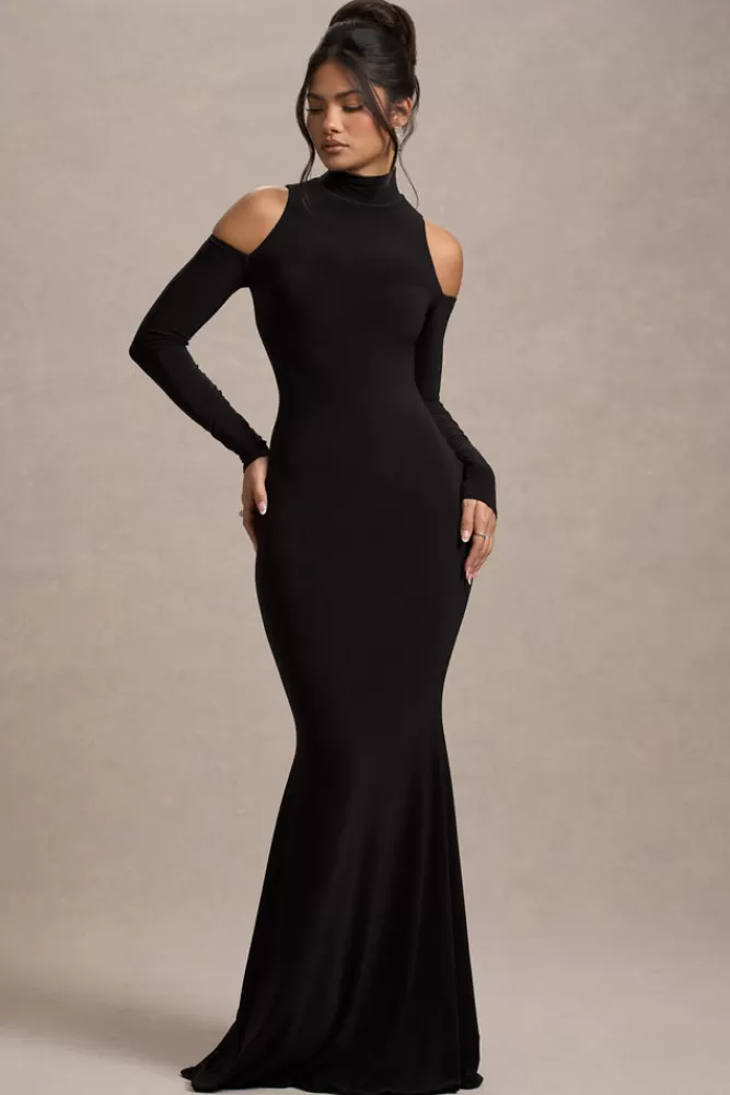 Club L London Catarina | Turtle-Neck Long-Sleeve Maxi Dress With Cold Shoulders BLACK New