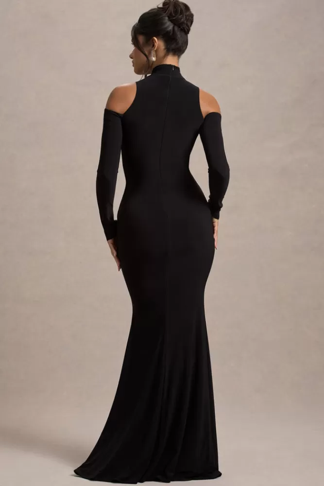 Club L London Catarina | Turtle-Neck Long-Sleeve Maxi Dress With Cold Shoulders BLACK New