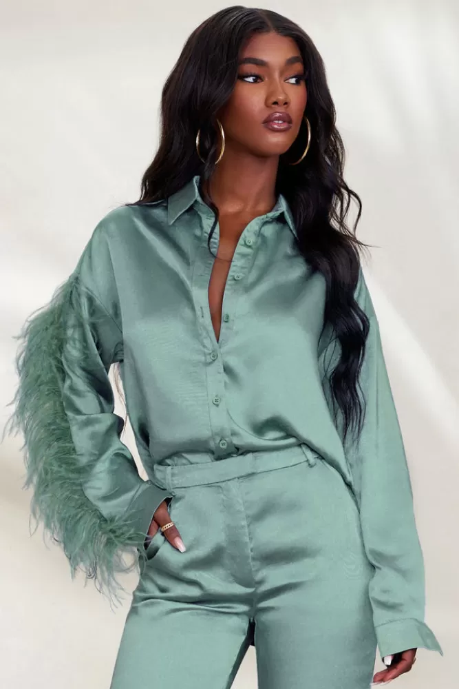 Club L London Catch My Eye | Duck Egg Feather Sleeve Satin Shirt BLUE Outlet