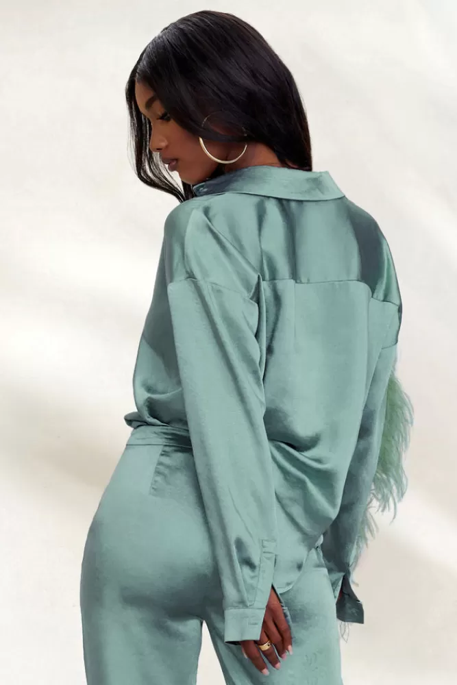 Club L London Catch My Eye | Duck Egg Feather Sleeve Satin Shirt BLUE Outlet