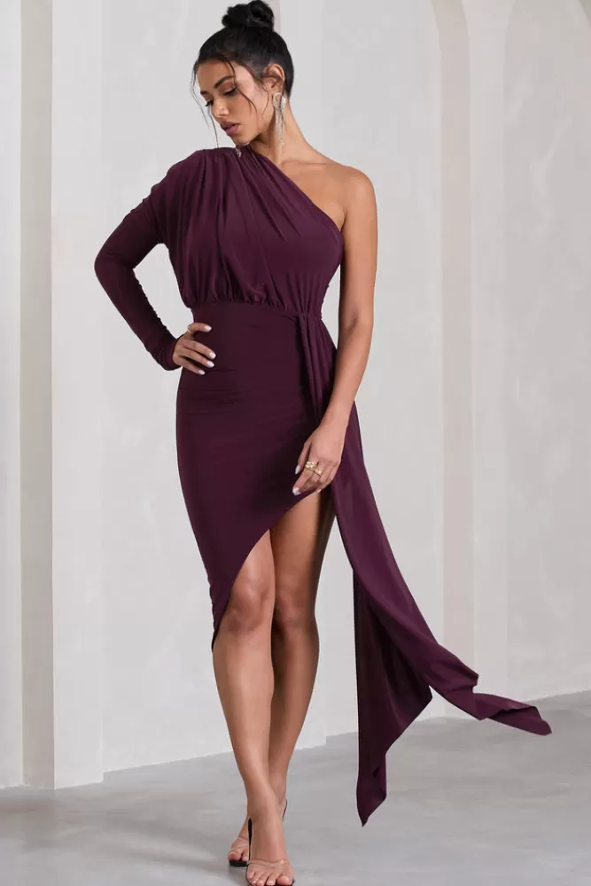 Club L London Catherine | One Sleeve Asymmetric Midi Dress With Statement Drape PLUM Flash Sale