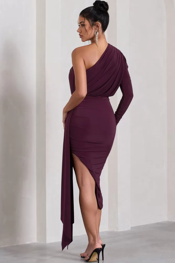 Club L London Catherine | One Sleeve Asymmetric Midi Dress With Statement Drape PLUM Flash Sale