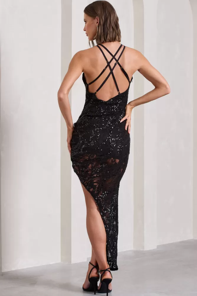 Club L London Caught My Eye | Sequin Asymmetric Strappy Maxi Dress BLACK Shop