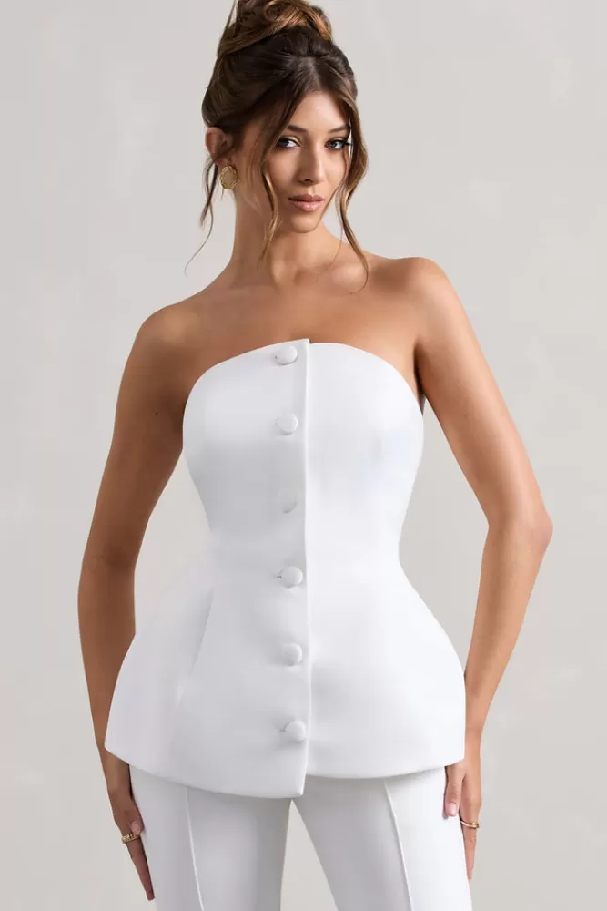 Club L London Century | Satin Strapless Button Front Corset Top CREAM Clearance