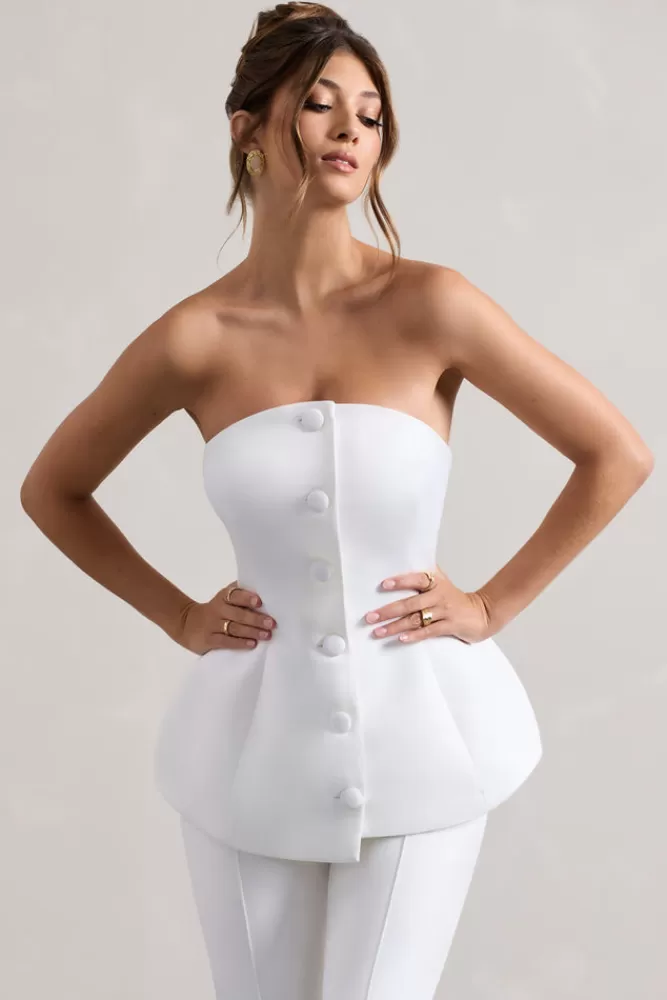 Club L London Century | Satin Strapless Button Front Corset Top CREAM Clearance