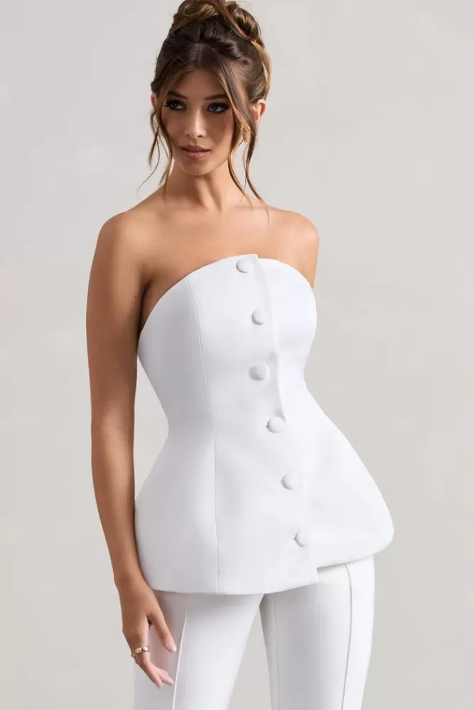 Club L London Century | Satin Strapless Button Front Corset Top CREAM Clearance