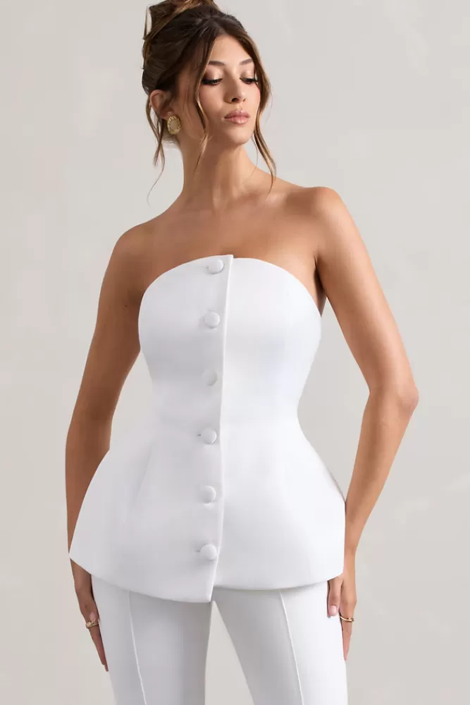 Club L London Century | Satin Strapless Button Front Corset Top CREAM Clearance
