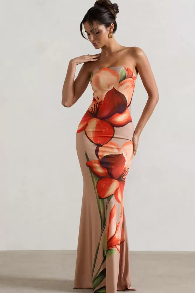 Club L London Ceremony | Orange and Mocha Floral Bandeau Fishtail Maxi Dress ORANGEFLORALPRINT Cheap
