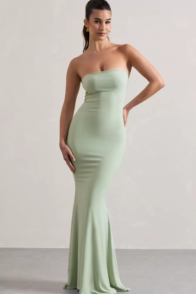 Club L London Ceremony | Pale Green Bandeau Fishtail Maxi Dress PISTACHIO Flash Sale