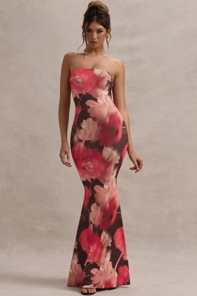 Club L London Ceremony | Red Floral Print Bandeau Fishtail Maxi Dress REDFLORAL Outlet