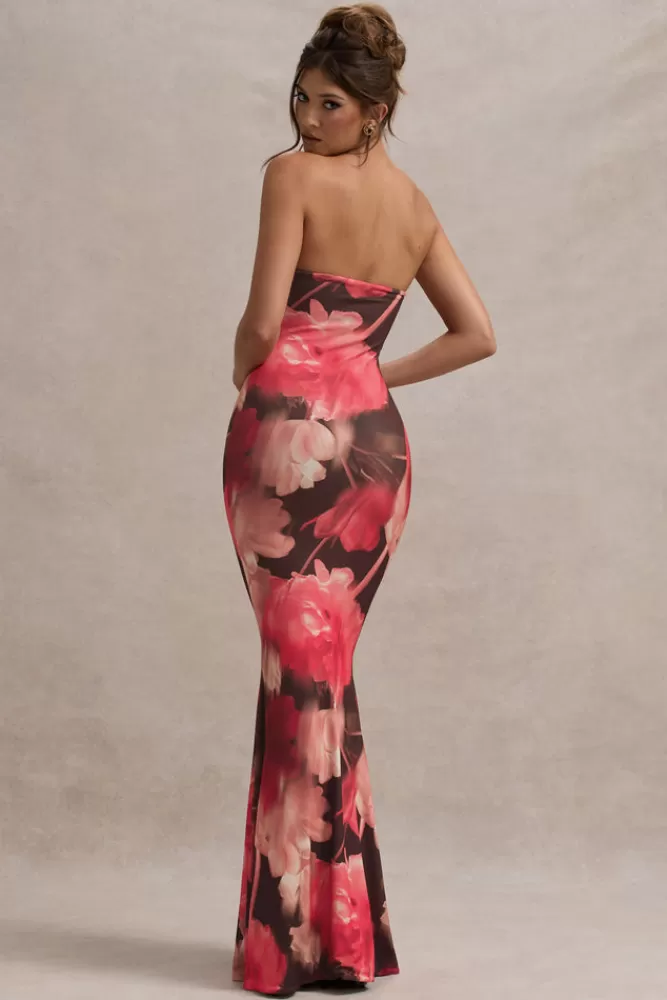 Club L London Ceremony | Red Floral Print Bandeau Fishtail Maxi Dress REDFLORAL Outlet