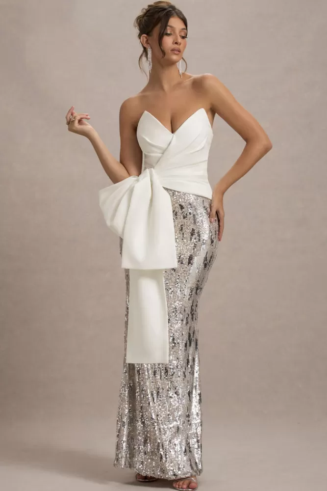 Club L London Ceres | Strapless Draped Maxi Dress With Sequin Skirt ECRU Flash Sale