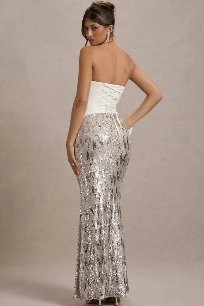 Club L London Ceres | Strapless Draped Maxi Dress With Sequin Skirt ECRU Flash Sale