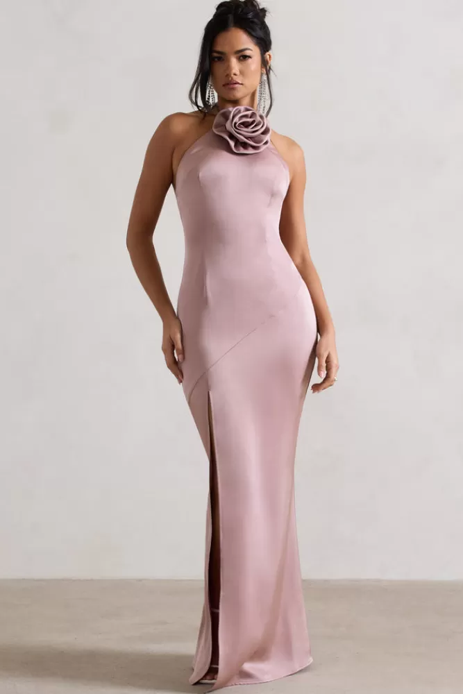 Club L London Cesca | Blush Pink Satin Halter-Neck Maxi Dress With Flower Corsage BLUSHPINK Best