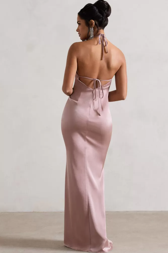 Club L London Cesca | Blush Pink Satin Halter-Neck Maxi Dress With Flower Corsage BLUSHPINK Best