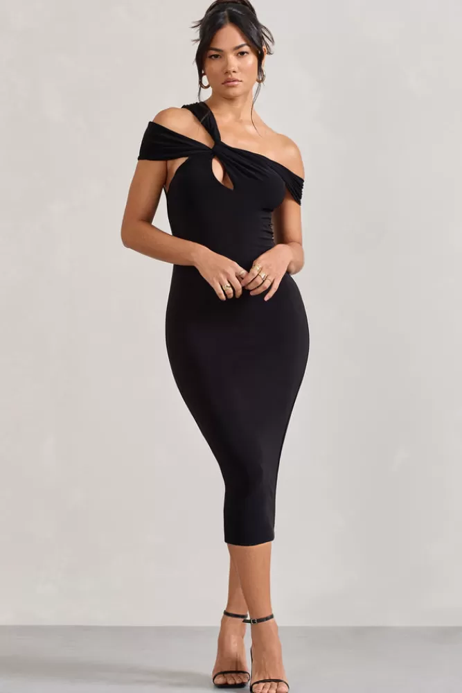 Club L London Chain Reaction | Strappy Asymmetric Bodycon Midi Dress BLACK Outlet