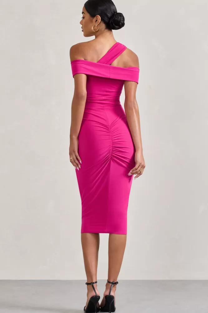 Club L London Chain Reaction | Pink Strappy Asymmetric Bodycon Midi Dress FUCHSIA New