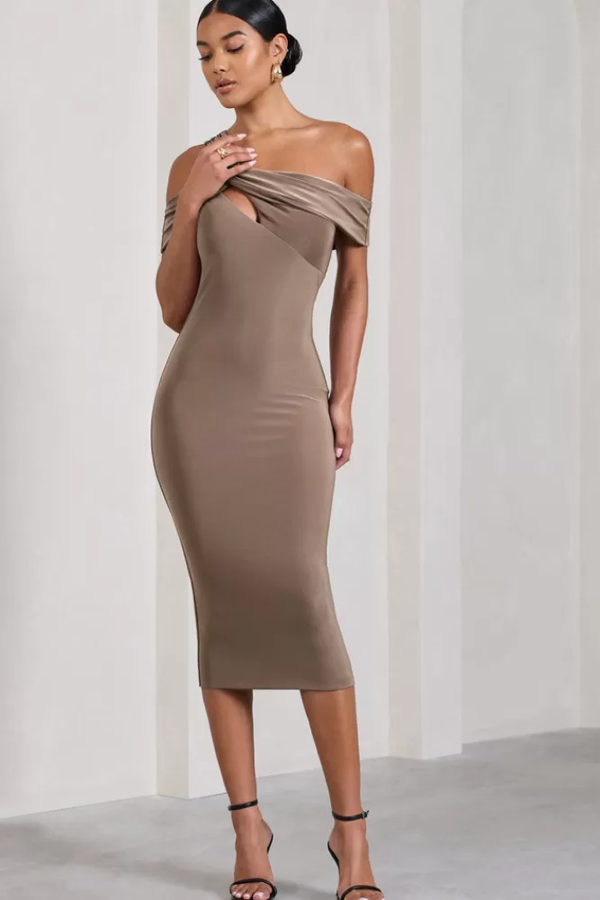 Club L London Chain Reaction | Strappy Asymmetric Bodycon Midi Dress MOCHA Shop