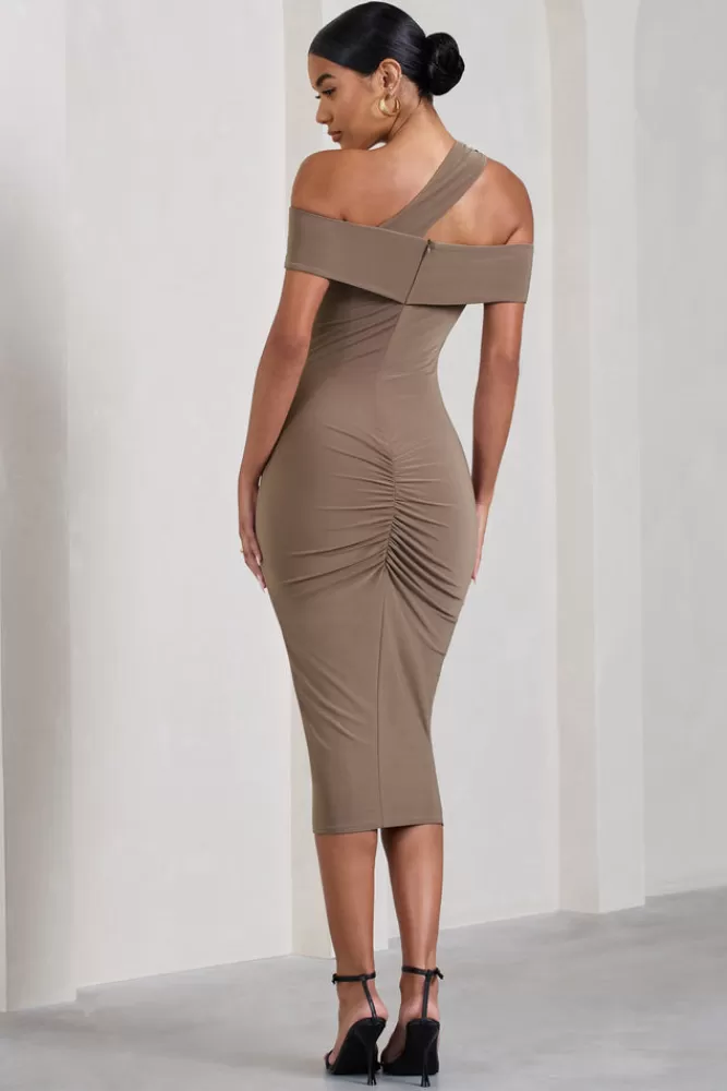 Club L London Chain Reaction | Strappy Asymmetric Bodycon Midi Dress MOCHA Shop